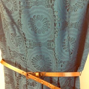 Peacock blue lace dress with silver belt